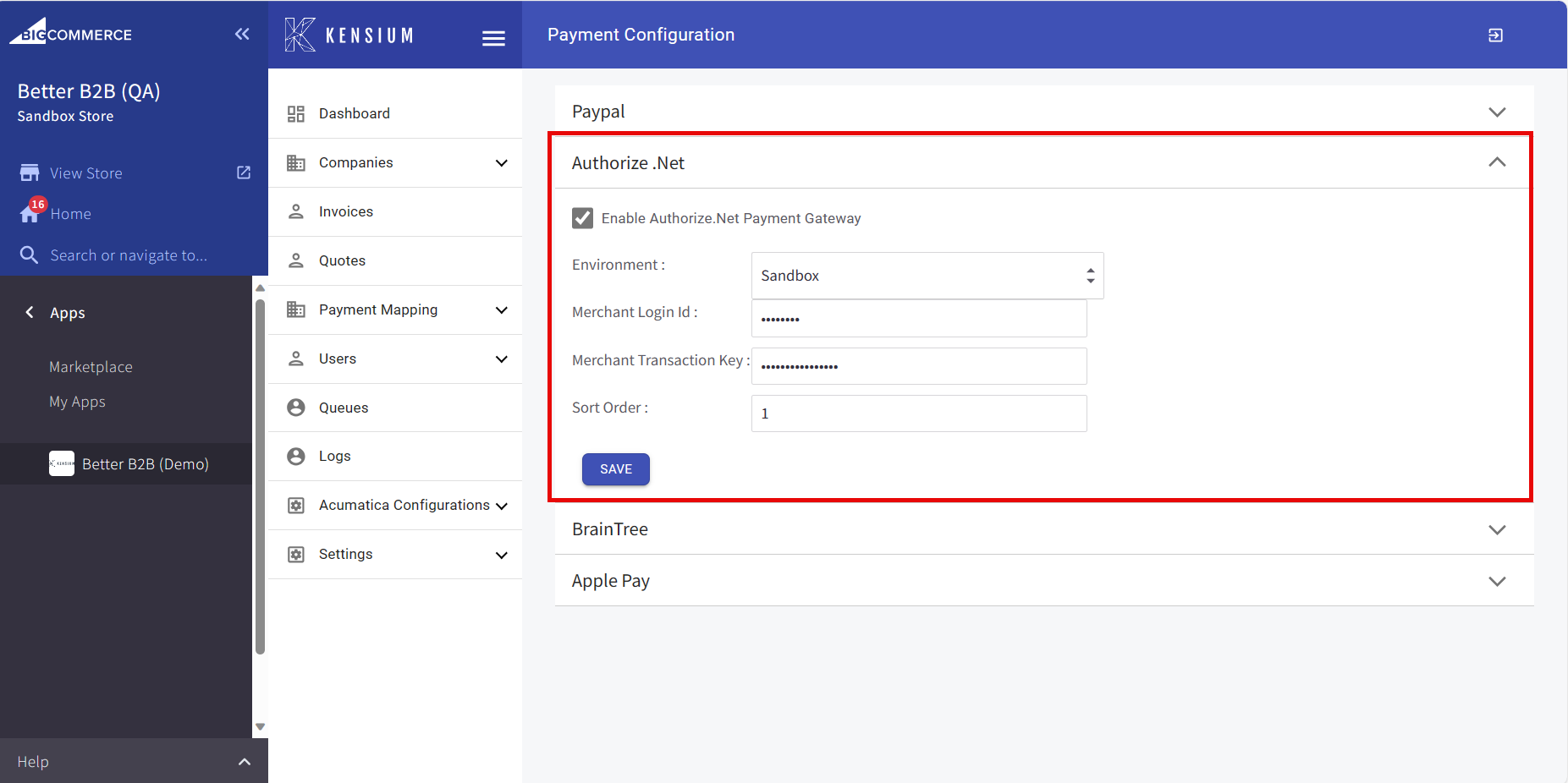 Authroize.net  Details in Payment Configuration