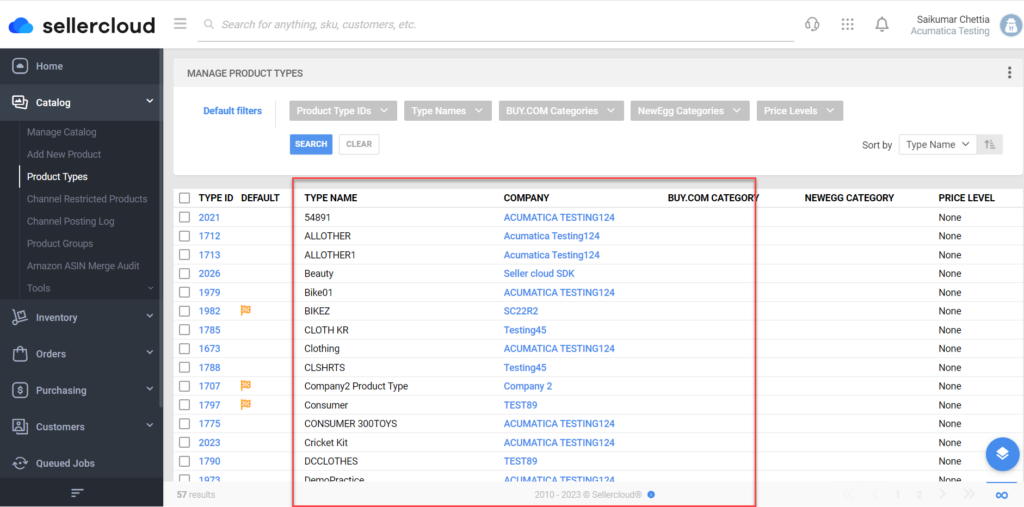list Manage Product Types