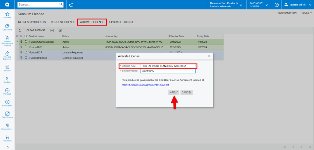 Activate License key braintree