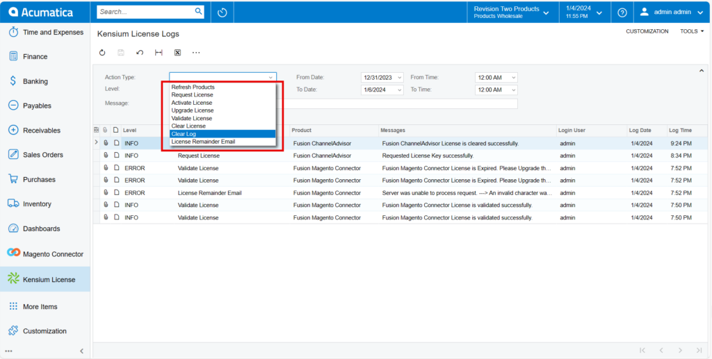 Kensium License Logs account type