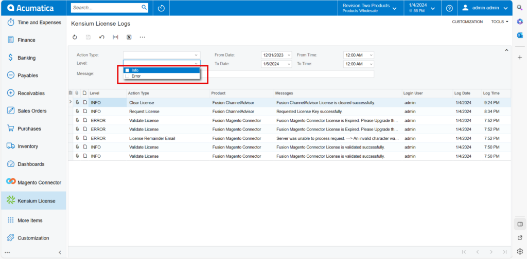 Kensium License Logs message commercepro