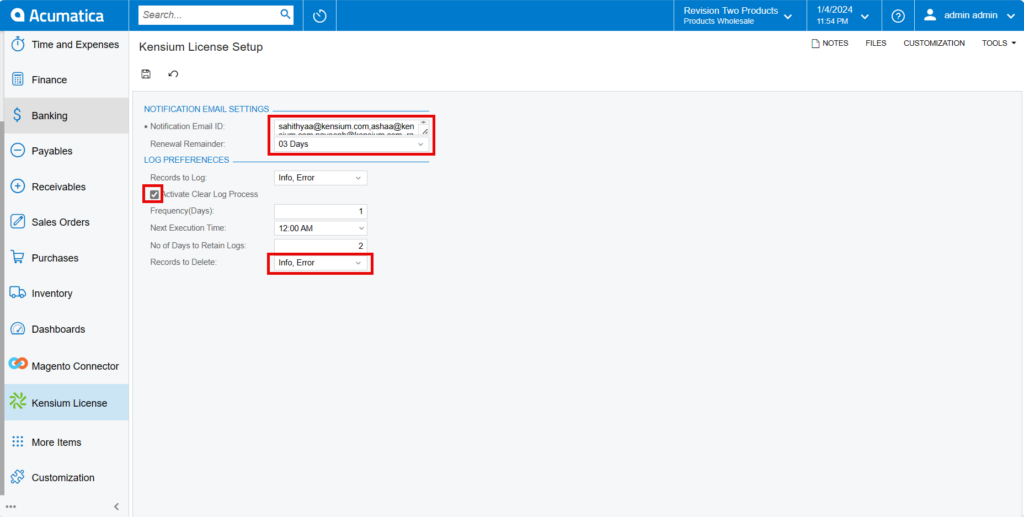 Kensium License Setup kcf dropdown