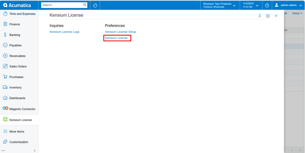 Kensium License kcf page