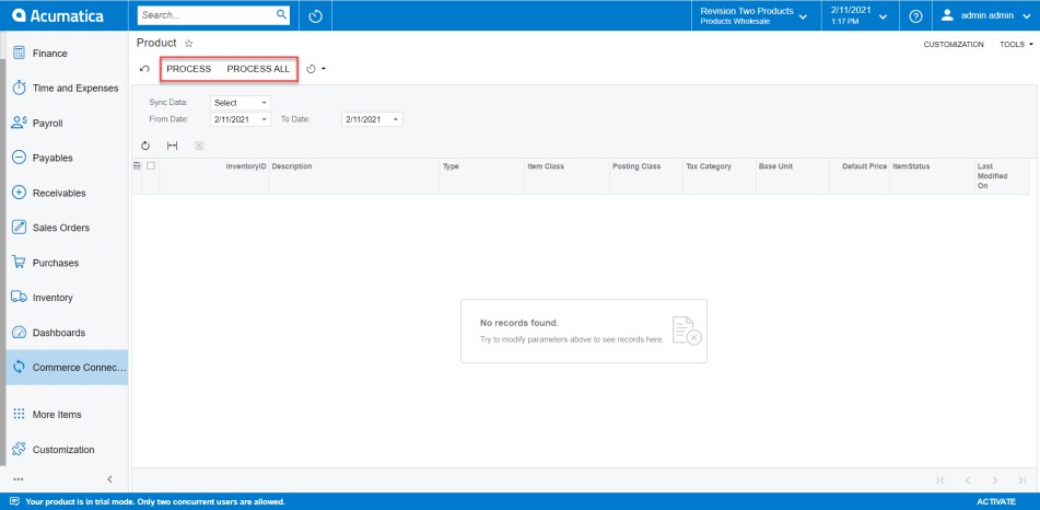 The Batch Process sync screen in Acumatica