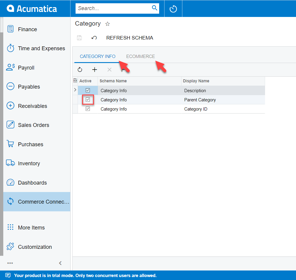 The Category Schema screen in Acumatica