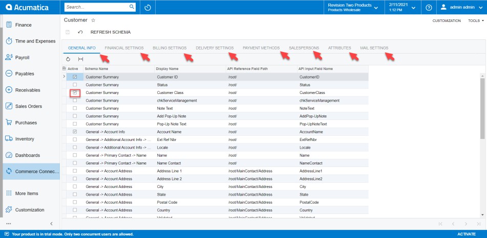 The Customer Schema screen in Acumatica