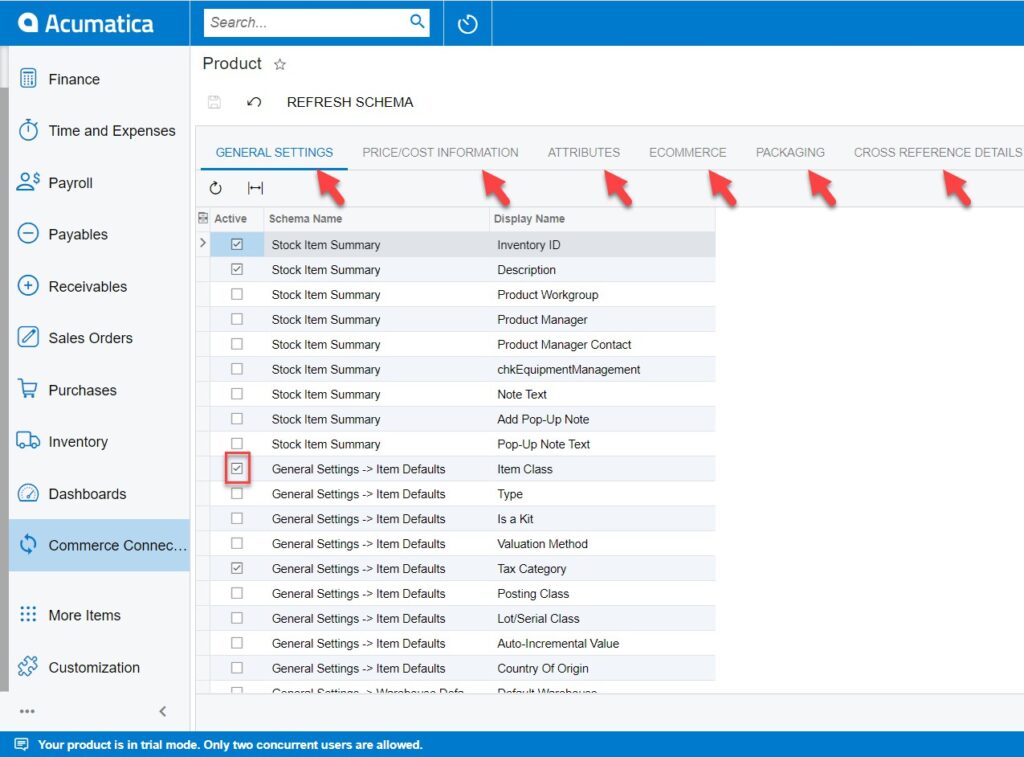 The Product Schema screen in Acumatica