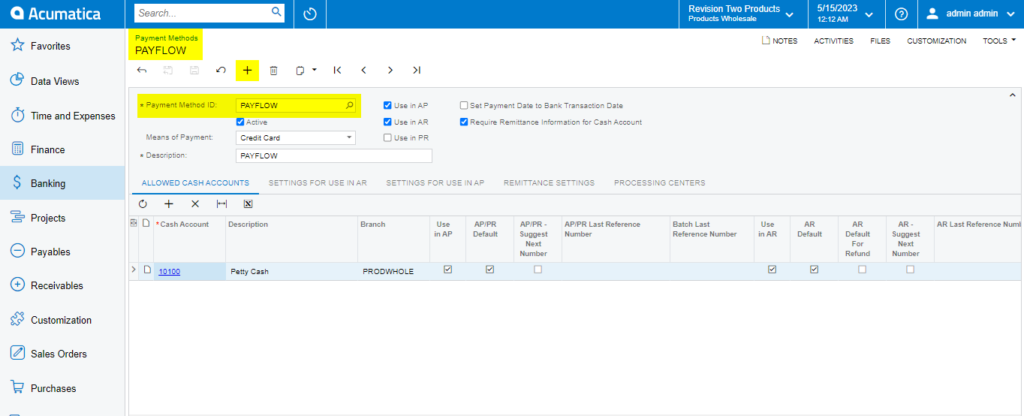 Allowed Cash Accounts Tab Process