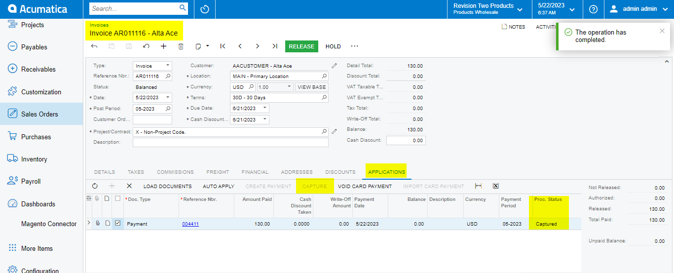 Payflow Payments via the Invoices Screen | Kensium Products Documentation