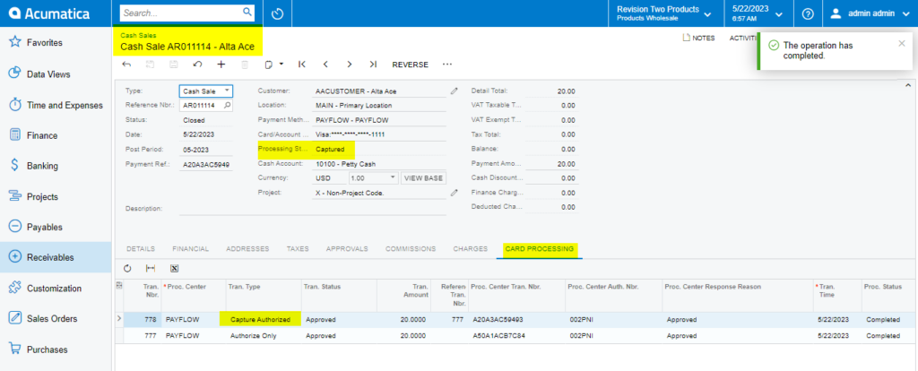 Capture Payment on Cash Sales screen