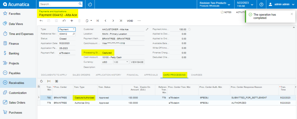 Capture on Payments and Applications Screen