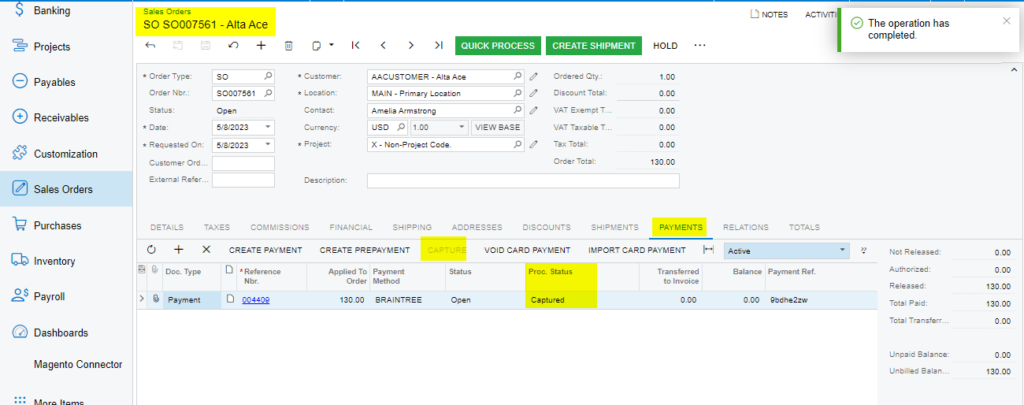 Capture on Sales Order Screen