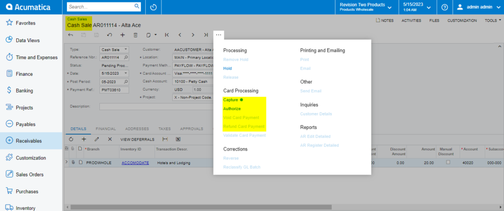 Card Processing on Cash Sales Screen