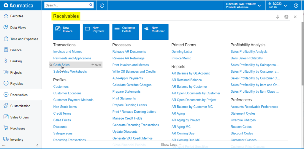 Cash Sales on Receivables Workspace Screen