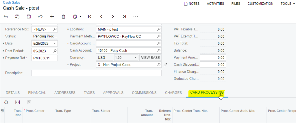 Cash Sales screen