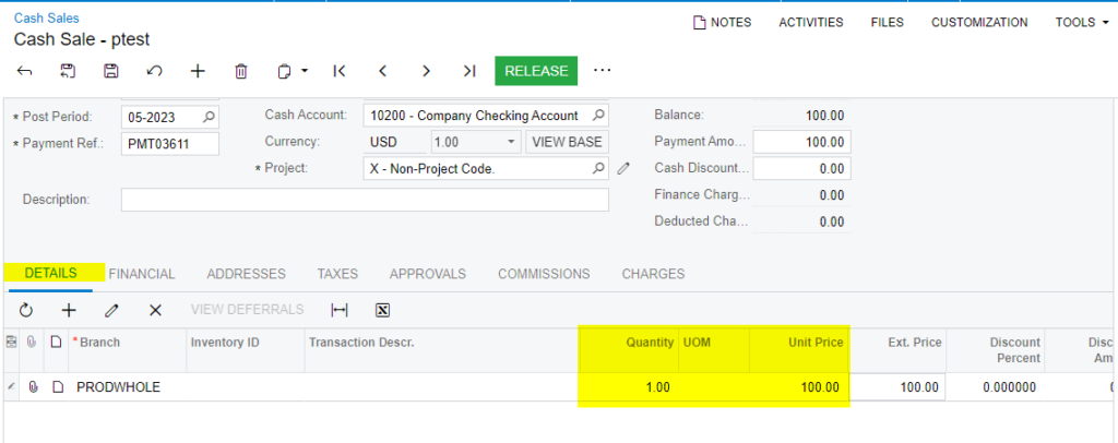 Details tab adding the Quantity and Unit Price