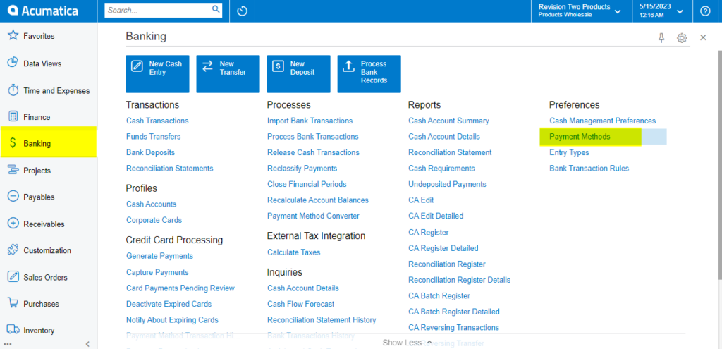 Payment Methods in Acumatica