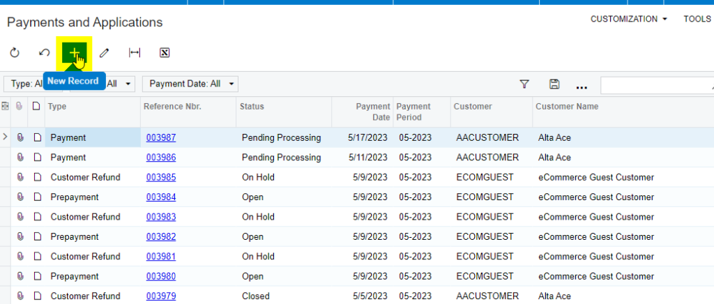 Payments and Application Screen