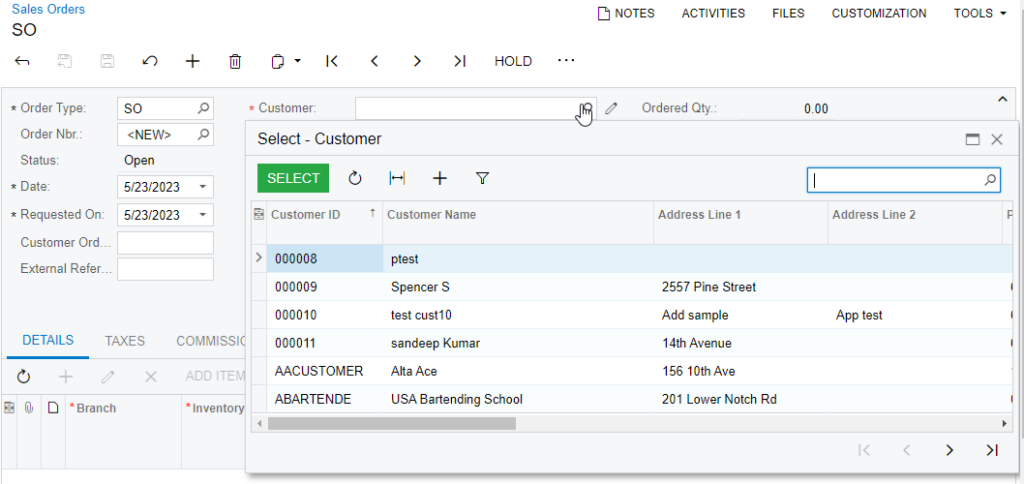 Search customer on a new sales order