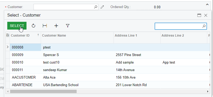 Select customer on a new sale order