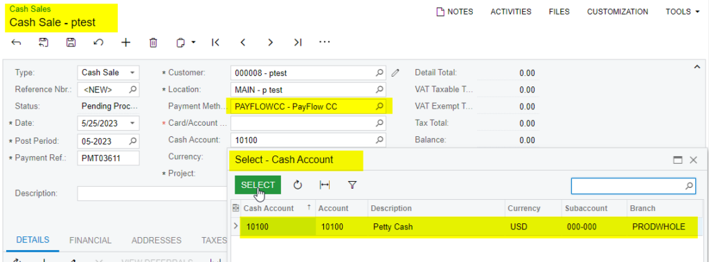 Selecting Cash Account