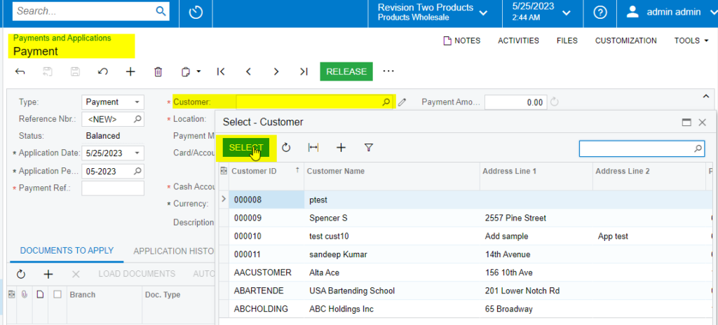 Selecting Customer from the Payment and Application screen