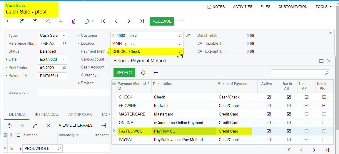Payflow Payments via the Cash Sales Screen | Kensium Products Documentation