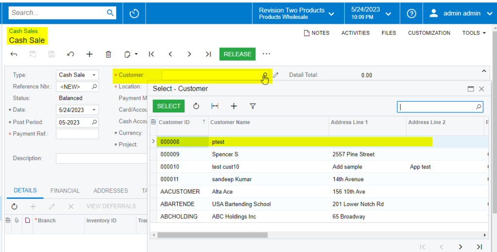 Selecting a Customer on the Cash Sales Screen