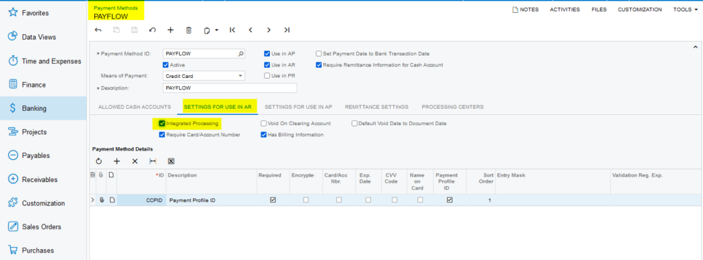 Settings in the AR tab