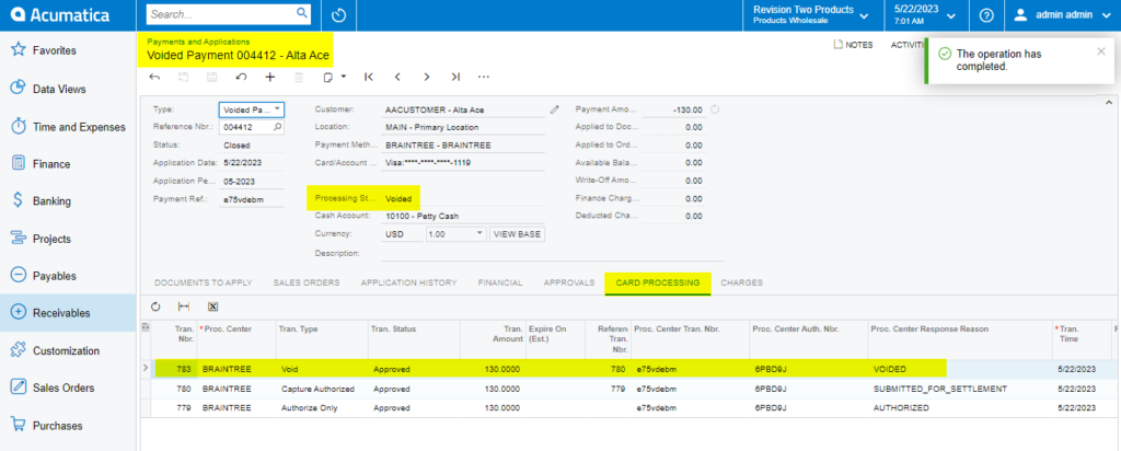 Void Action on Payments and Applications screen