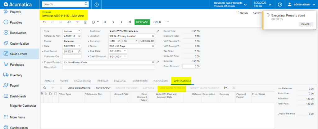 Void CC Payment at Invoices Screen