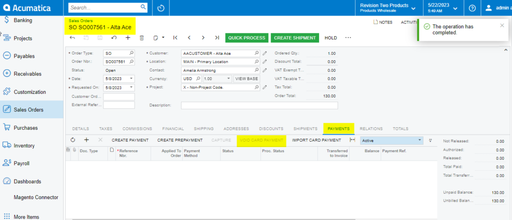 Void Card Payment in Sales Order screen