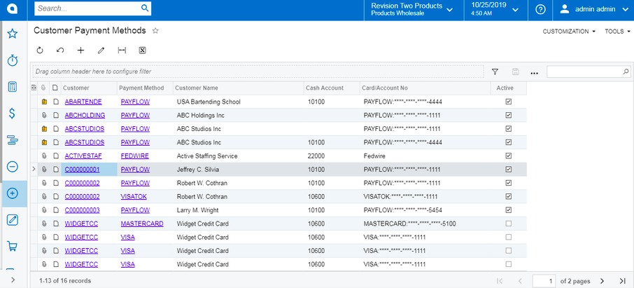 customer payment methods screen