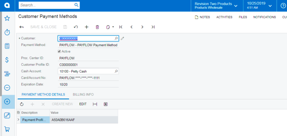 customer payment methods screen for specific