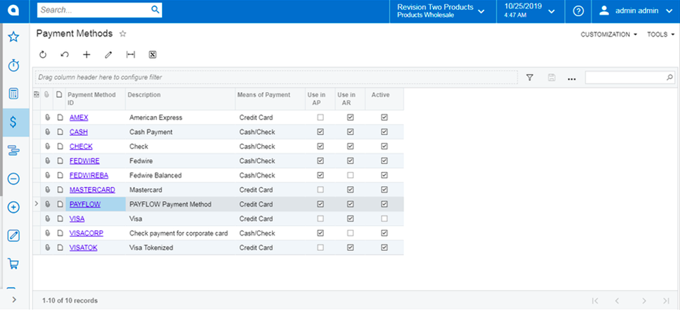 payment methods screen