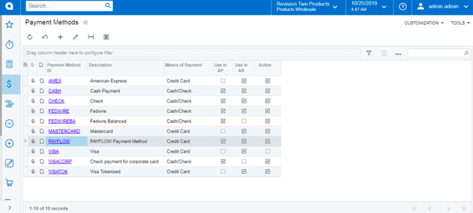 payment methods tab