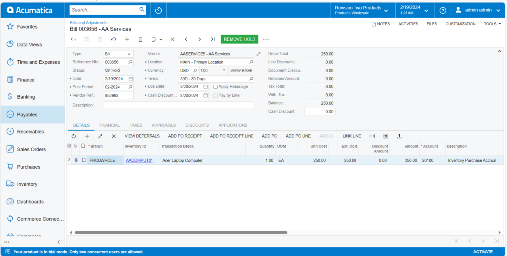 Bills and Adjustments status