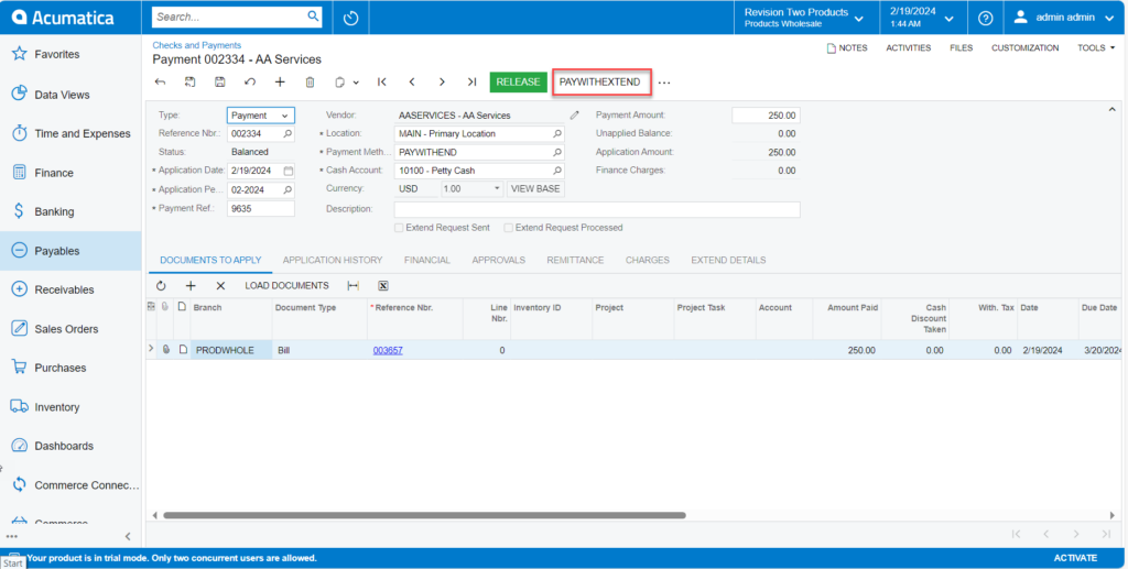 Checks and Payments action