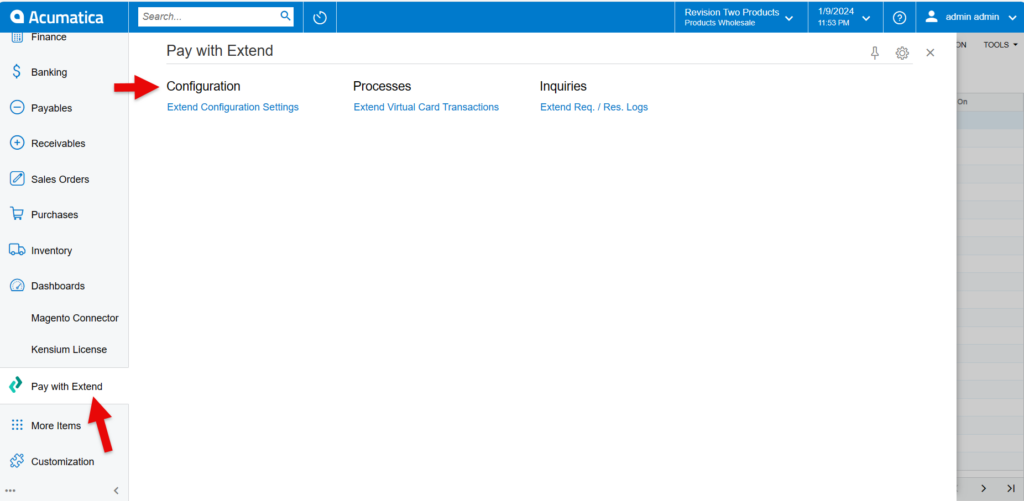 Pay with Extend workspace options