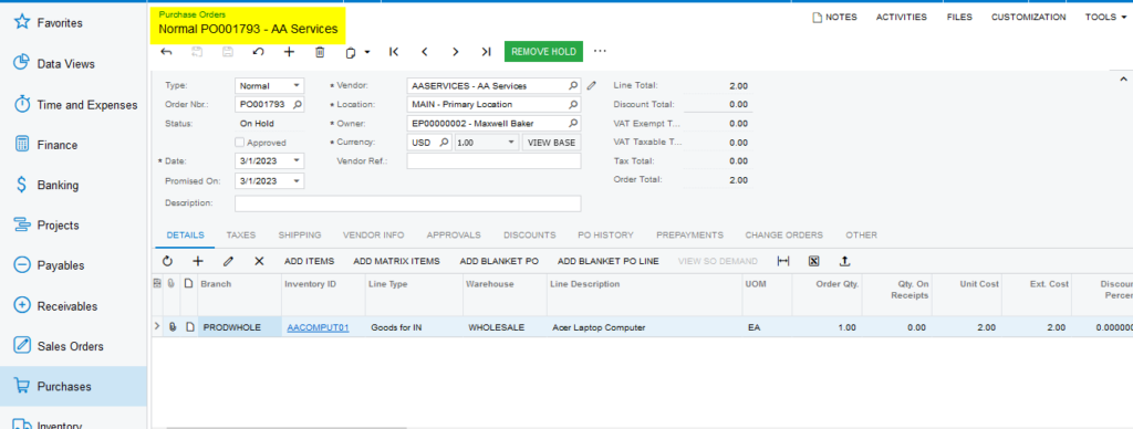 Purchase Orders payment