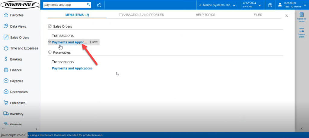 Payment and Application from Global Search bar