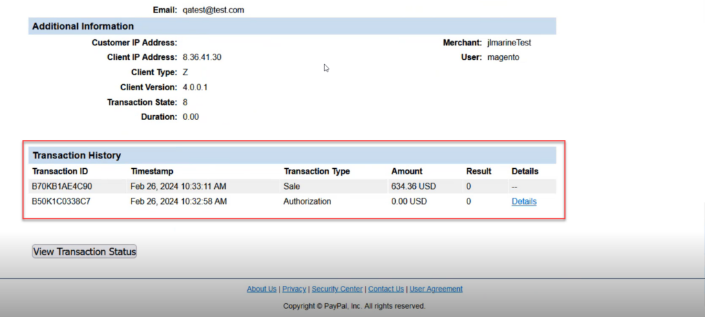 Transaction details in the PayPal Portal