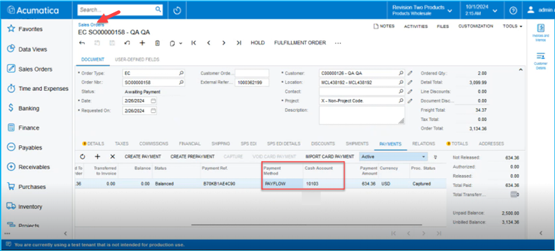 Payment Method Synced from Magento to Acumatica