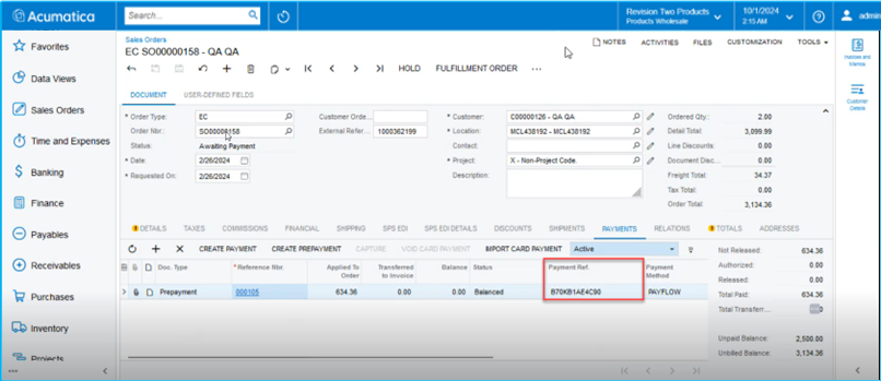 Payment Reference Number in Acumatica