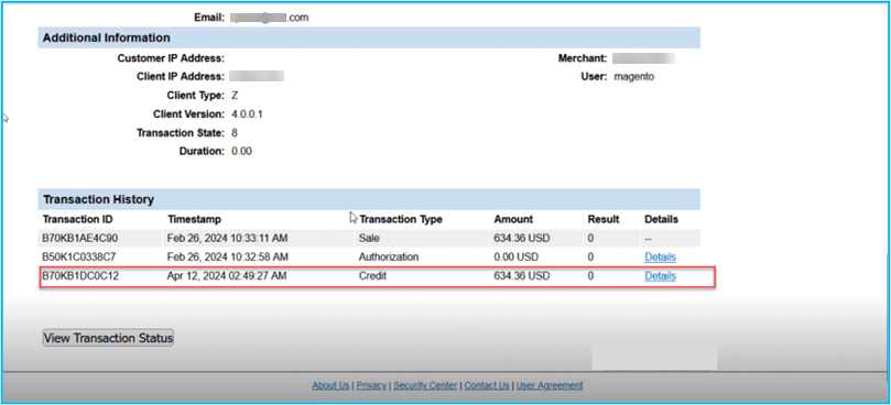 Refund reflects on the PayPal Portal