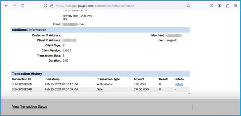 Transaction History Details in PayPal Manager