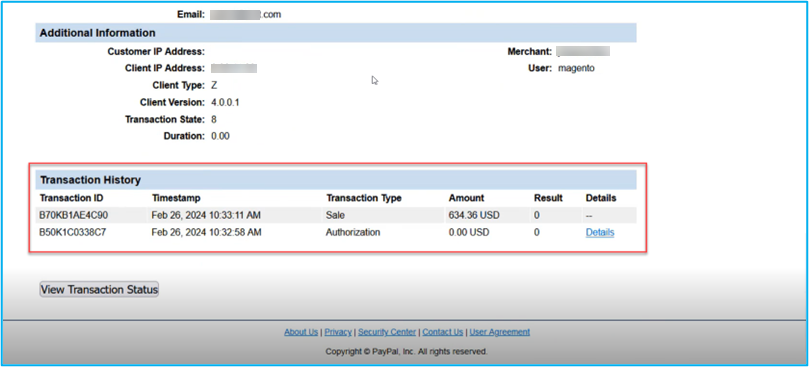 Transaction details in the PayPal Portal