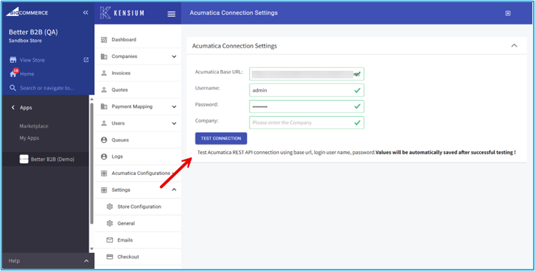 Acumatica Connection Test Settings