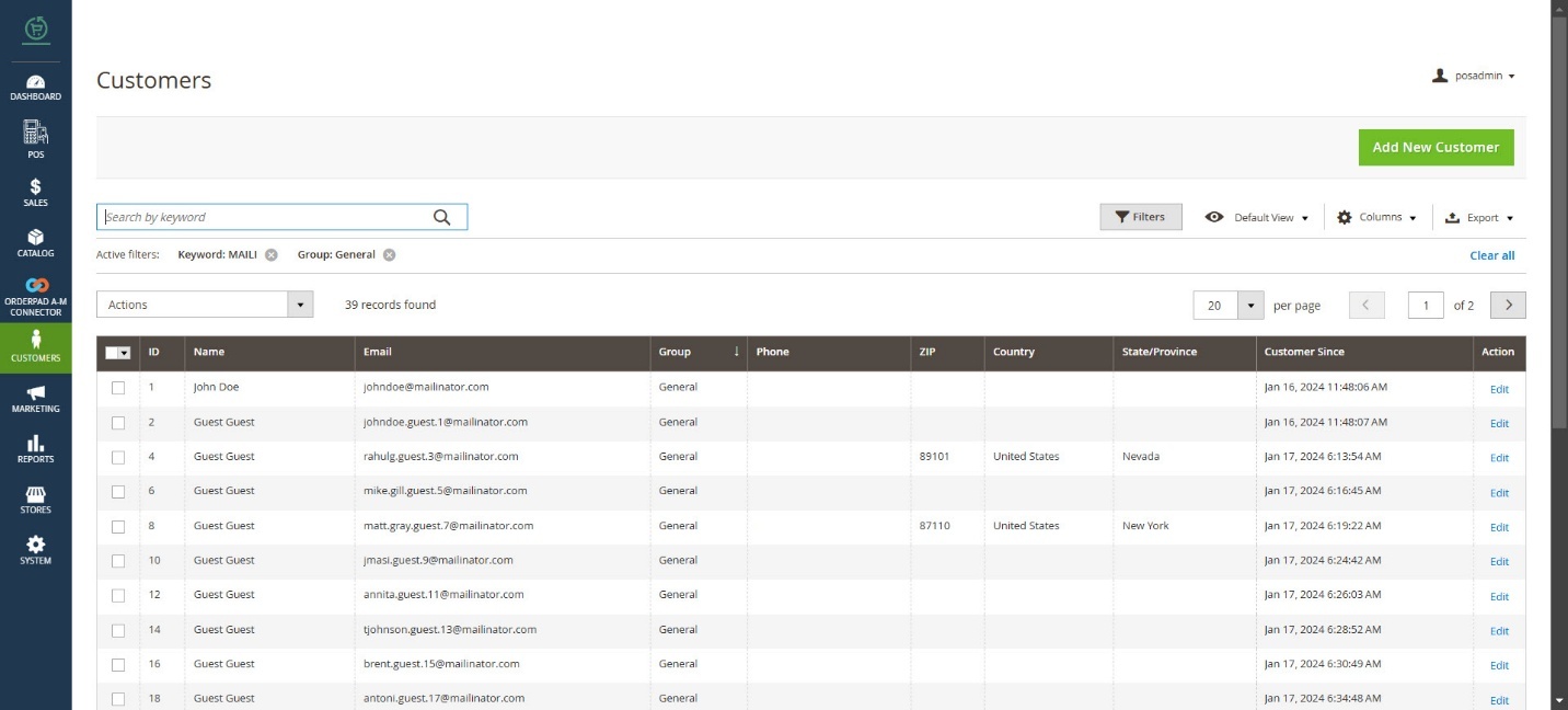 Customer Page in OrderPad Admin