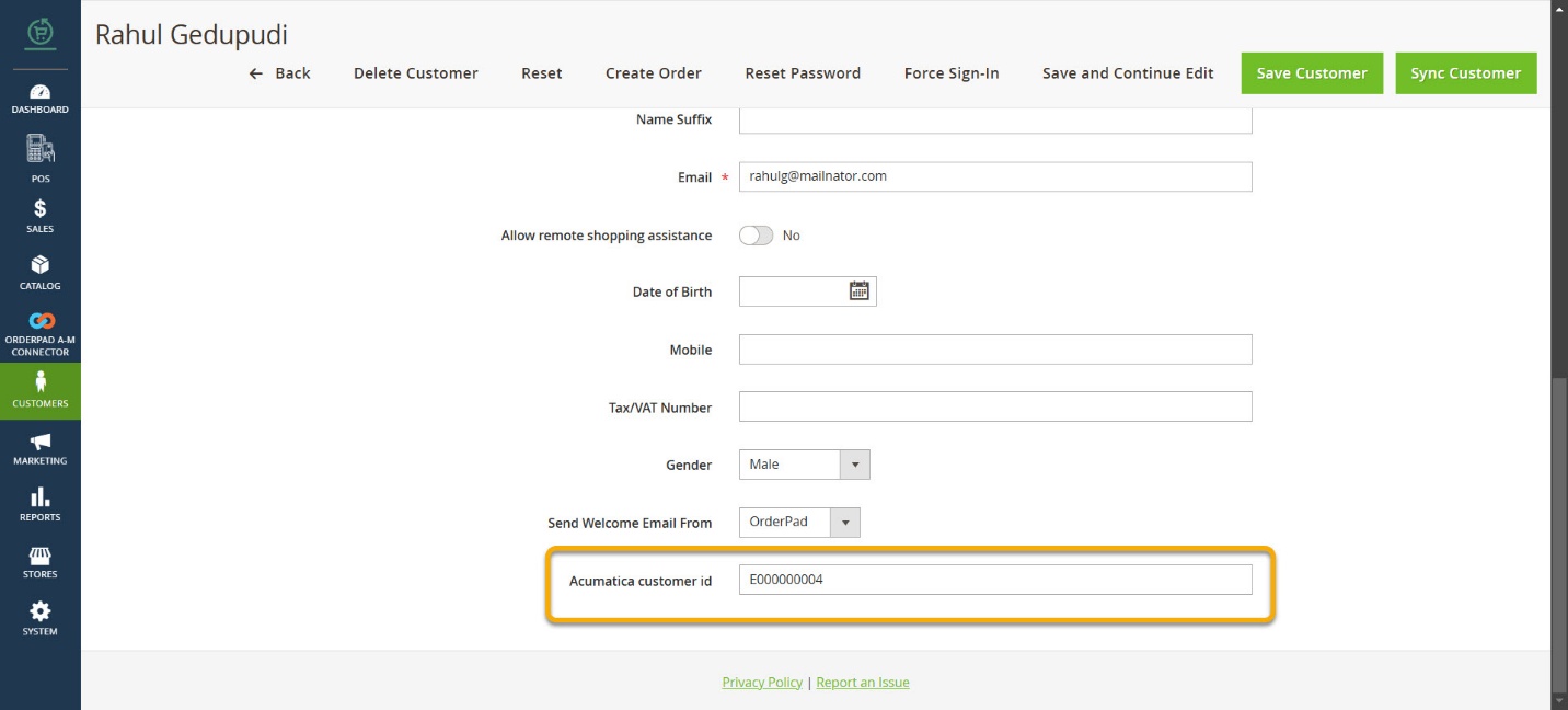 Acumatica Customer ID in the Staff Admin section